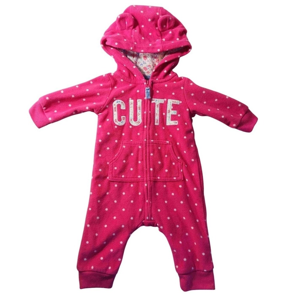 Carter's 3M Pink‎ Polka Dot Hooded Romper Fleece One Piece "Cute" Bear Ears